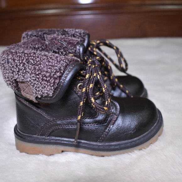 Little boys Brown Leather Fleece Lined Winter Work Boots Size 9 - Picture 6 of 7